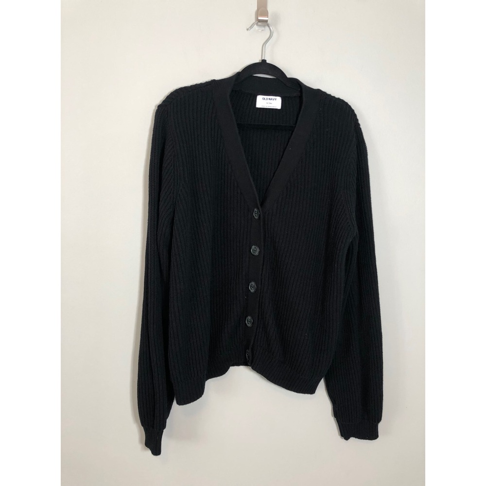 Old Navy Cardigan Women XL Tall Black Ribbed Knit V-Neck Button Front Sweater